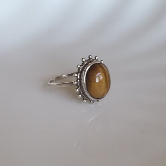 Vintage Boho Sterling Silver Brown Tiger's Eye Gemstone Cabochon Ring 6.5 - Picture 3 of 12